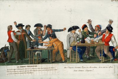 共和党の誓いが血で署名され、「マルセイエーズ」を歌っています。1792年頃 作： Lesueur Brothers